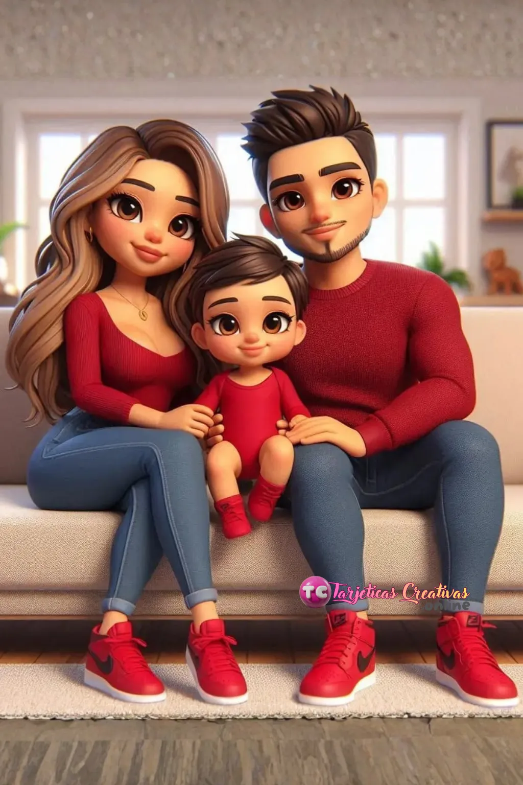 Papá mamá e hijo sentados en el sofa de la sala